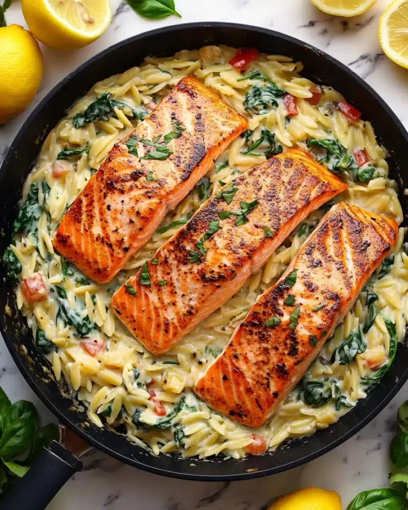 Creamy Spinach Orzo with Seared Salmon Recipe