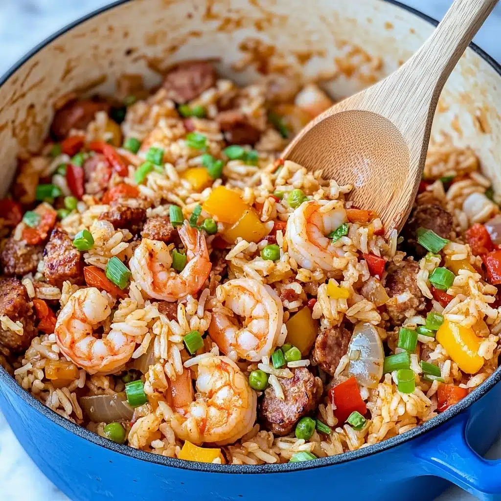 One Pot Sausage, Shrimp and Rice, Easy seafood sausage skillet, One Pot seafood and sausage dinner, Quick hearty shrimp and sausage dish A close-up of a blue pot with a white inside filled with cooked rice mixed with red and yellow bell peppers, sliced brown sausage, cooked shrimp, and chopped green onions scattered on top. The rice is light brown with a soft, moist texture, and the vegetables add bright red, yellow, and green spots throughout. A wooden spoon is in the pot, partially covered with the rice mixture, resting on the right side. The pot sits on a white marbled surface.