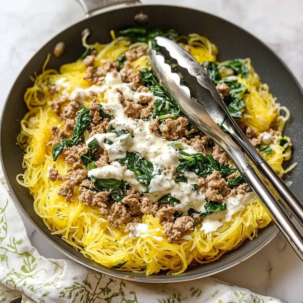 Spaghetti Squash Casserole with Turkey, Gruyère, and Crispy Onions, healthy turkey casserole, easy spaghetti squash recipes, cozy vegetable casseroles, hearty fall dinner ideas The image shows a pan with yellow strands of cooked spaghetti squash forming the base layer, soft and slightly stringy. On top, there is a layer of crumbled cooked meat with a light brown color, mixed with wilted bright green spinach leaves. A white sauce is drizzled unevenly over the meat and spinach, adding creaminess to the dish. Two silver tongs are placed inside the pan, partly lifting some of the squash strands. The pan is set on a white marbled surface with a light beige cloth that has a simple green floral pattern below it.