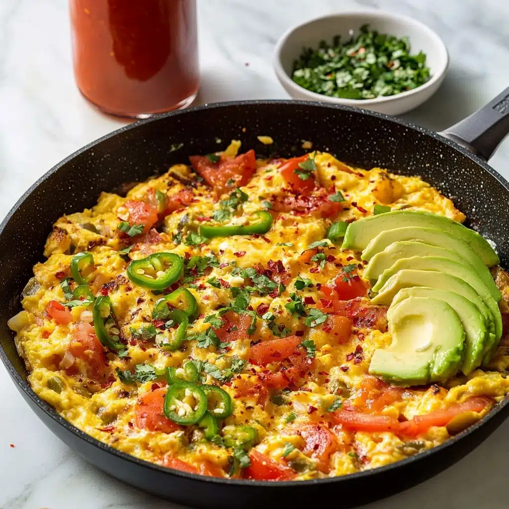 Mexican Scrambled Eggs with Crispy Tortillas, Mexican scrambled eggs recipe, easy Mexican breakfast, flavorful brunch ideas, crispy tortilla egg scramble A large black pan filled with a colorful scrambled egg dish that has chopped red tomatoes, sliced green jalapeños, and bits of red pepper mixed throughout the yellow eggs. On the right side, three slices of pale green avocado are layered neatly on top. The dish is sprinkled with chopped green herbs and red chili flakes. Behind the pan, there is a tall red sauce bottle and a small white bowl filled with red chili flakes, all placed on a white marbled surface.