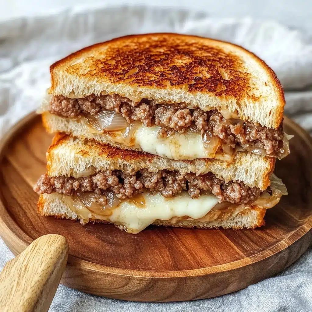 Classic Patty Melt Sandwich, Patty Melt Sandwich, Beef Patty Melt, Diner-Style Patty Melt, Easy Patty Melt Recipe The image shows a sandwich cut in half and stacked, placed on a white plate with a wooden texture effect. The sandwich has three visible layers: a golden-brown toasted bread on the top and bottom with a slightly crispy texture, a thick, juicy brown meat patty in the middle, and melted white cheese covering the meat. Inside the sandwich, caramelized onions with a light brown, slightly translucent look are layered under the cheese and on top of the bottom bread slice. The scene is set on a white marbled surface with some blurred jars and a plant in the background.