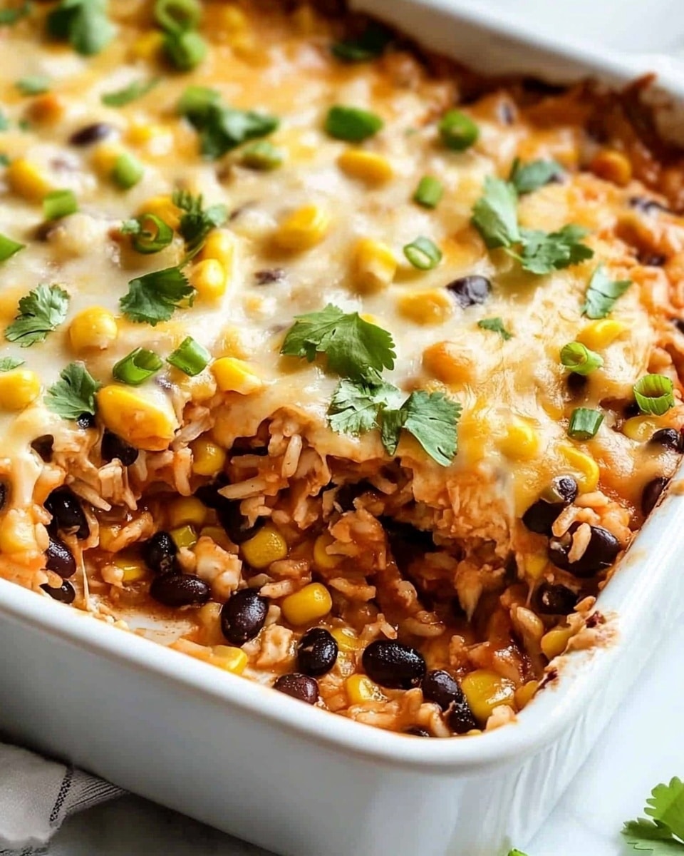 Southwest Chicken Casserole, Southwest Chicken Casserole recipe, easy chicken casserole, flavorful chicken casserole, comforting weeknight dinner The image shows a white square baking dish filled with a baked casserole that has three visible layers. The bottom layer is a mix of rice, black beans, corn, and shredded chicken, all coated in a reddish sauce. The middle layer is melted cheese, mostly light yellow with some golden spots, spread evenly over the filling. The top layer has melted cheese with scattered black beans, corn, chopped green onions, and fresh cilantro leaves, giving a colorful look. One corner of the dish is scooped out, showing the inside layers clearly. The dish is placed on a white marbled surface with a white cloth nearby.