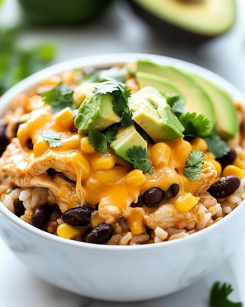 Southwest Chicken Casserole, Southwest Chicken Casserole recipe, easy chicken casserole, flavorful chicken casserole, comforting weeknight dinner A white bowl filled with a layered dish starting with a base of white rice mixed with black beans and yellow corn scattered evenly. On top of the base, there are chunks of light brown cooked chicken covered in melted yellow cheese. The dish is garnished with bright green slices of avocado and sprinkled with fresh green cilantro leaves. The bowl sits on a white marbled surface with a blurred avocado half and some green herbs in the background.