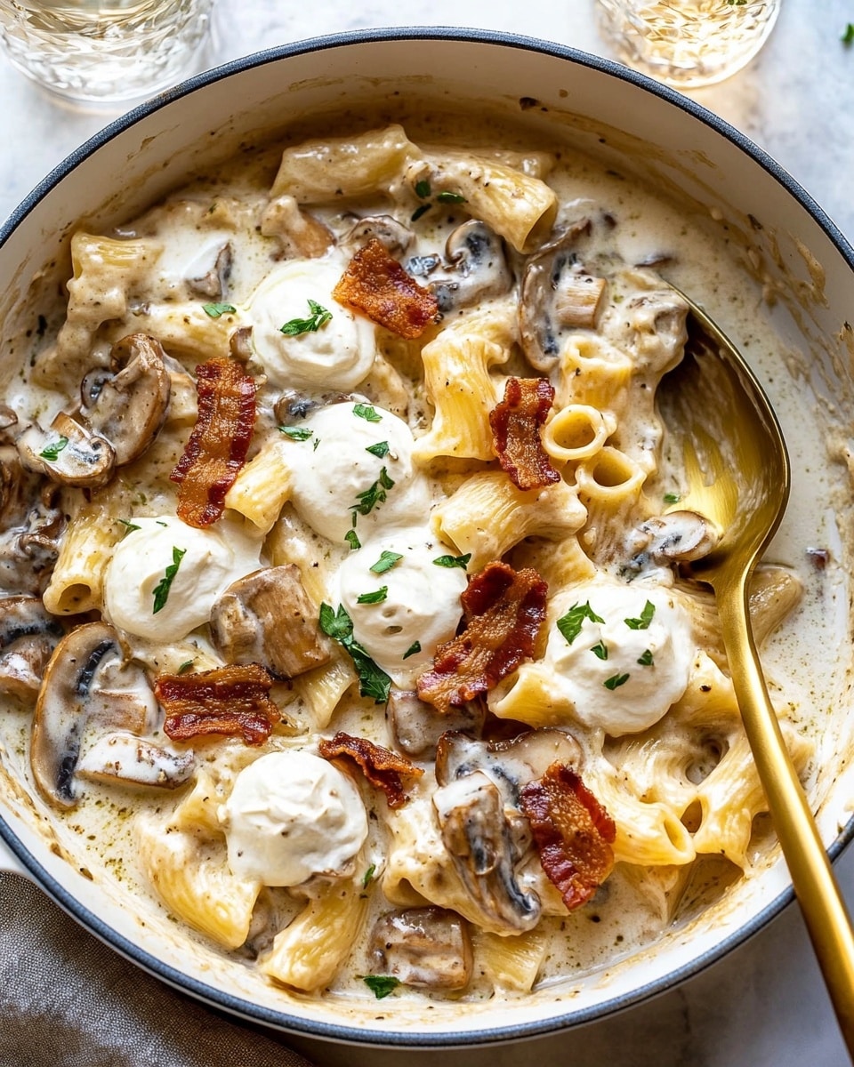 One Pot French Onion Pasta, French Onion Pasta with Crispy Prosciutto, easy one-pot pasta recipes, comforting pasta dishes, flavorful French onion pasta A close-up view of a white pot filled with light brown short tube pasta in a creamy sauce, topped with dollops of white soft cheese, crispy reddish-brown bacon pieces, and small green herb leaves sprinkled across. The pasta looks smooth and creamy with some sliced mushrooms mixed in. A gold spoon is placed on the right side inside the pot. The scene is set on a white marbled surface with a white cloth underneath the pot and two clear glasses with light-colored liquid beside it.