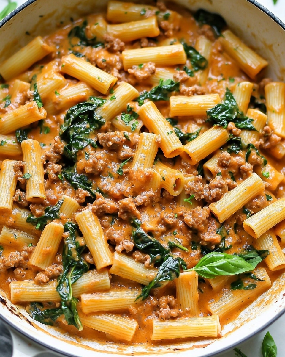 Creamy Sausage Rigatoni, one-pan sausage pasta, quick weeknight pasta, easy creamy sausage dinner, 30-minute pasta recipe A close-up view of a white pan filled with rigatoni pasta in a creamy orange sauce, mixed with small pieces of cooked ground meat and wilted green spinach leaves, all evenly coated and slightly shiny, showing a rustic texture on the meat and tender pasta tubes sitting on top of one another, the pan rests on a white marbled surface with scattered rigatoni pasta and fresh green herbs visible near the edges,
