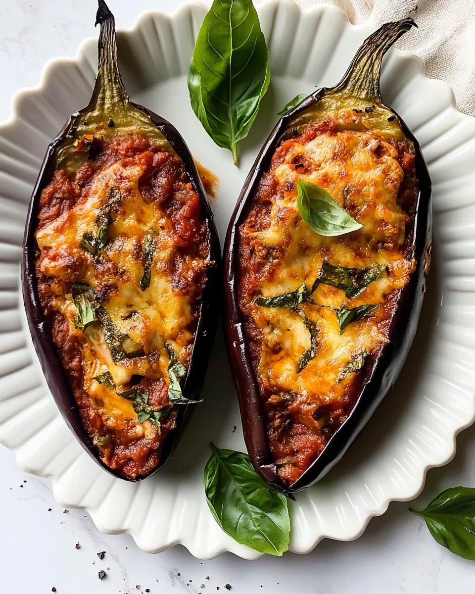 Italian Stuffed Eggplant, stuffed eggplant recipe, vegetarian Italian eggplant, baked eggplant with mozzarella, easy Italian eggplant dinner Two halves of roasted eggplant are placed on a white scalloped-edged plate on a white marbled surface. Each eggplant half is filled with a rich, chunky tomato sauce layer that has pieces of cooked herbs and a melted cheese layer underneath, showing golden and slightly browned spots. Fresh green basil leaves are added around the eggplants for garnish, with a light sprinkle of black pepper visible on the plate. The eggplants’ skin is dark purple and slightly wrinkled from baking.