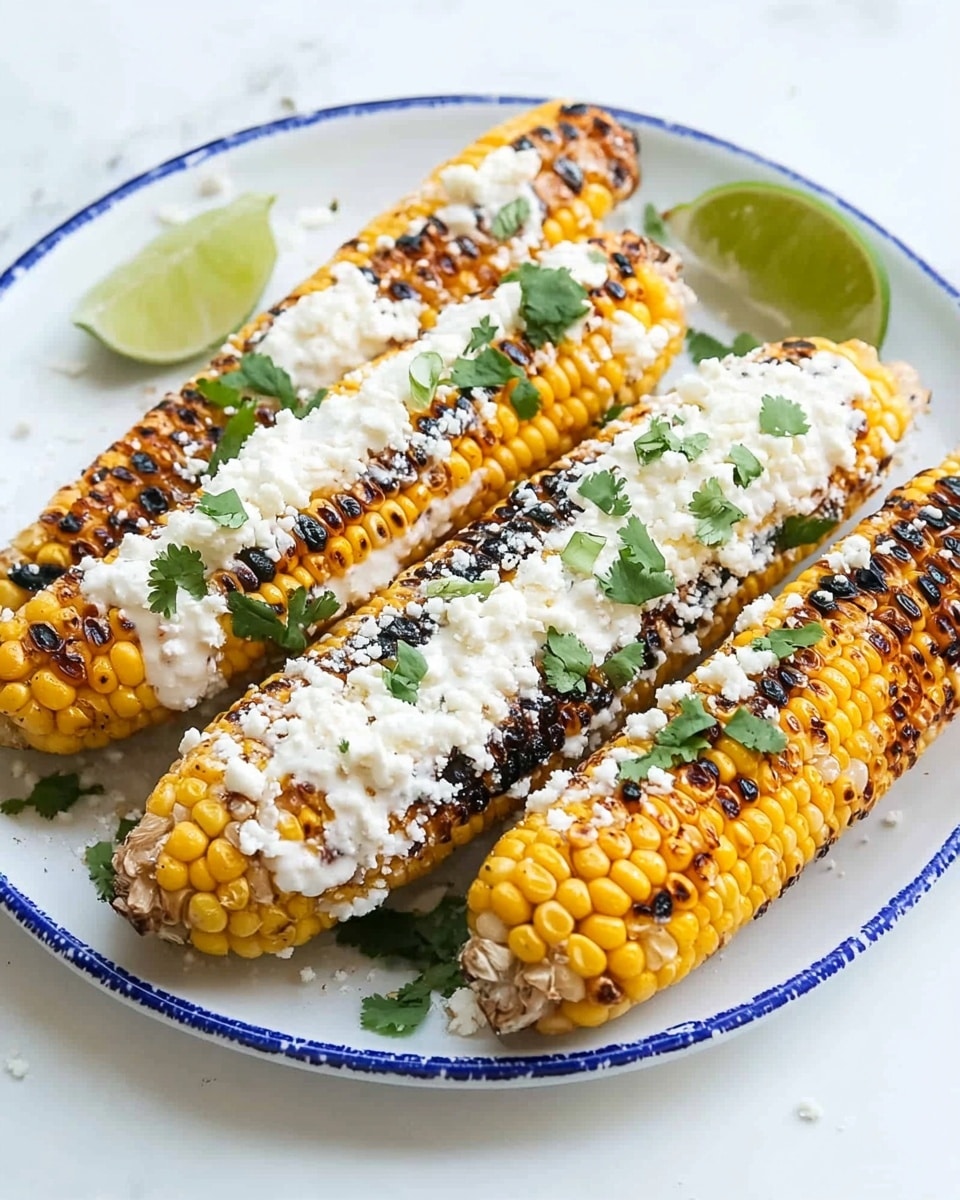 Grilled Mexican Street Corn Elotes, Mexican Street Corn Recipe, How to Make Elotes, Summer Grilled Corn, Easy Mexican Street Corn Three grilled yellow corn cobs with charred black spots lay side by side on a white plate with a blue rim, each covered in a creamy white sauce evenly spread over the kernels. A crumbly white cheese is sprinkled thickly over the top of the corn, with green cilantro bits scattered on the cheese for contrast. On the side of the plate are two lime wedges, one whole and one partially squeezed, resting on a white marbled surface. The photo has soft natural lighting and a close-up angle that shows the texture of the sauce and grilled corn clearly