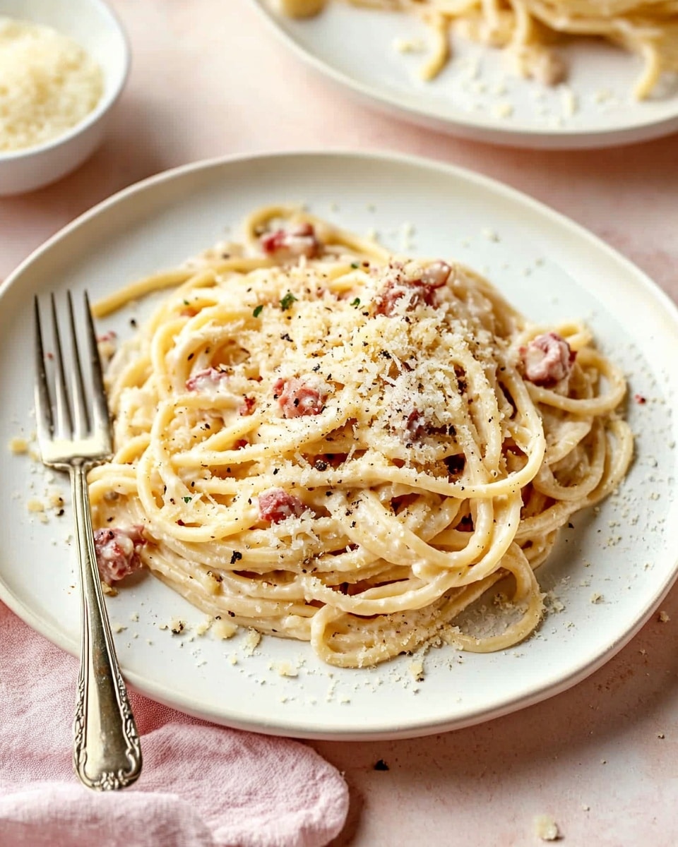 Creamy Lemon and Pancetta Linguine, lemon pasta with pancetta, easy lemon pasta recipe, Italian creamy pasta dishes, quick weeknight pasta The dish shows a white plate filled with creamy pasta made of thick spaghetti strands coated in a light beige sauce with small pieces of reddish-brown meat mixed in. The top layer of the pasta has grated white cheese sprinkled over it, giving a slightly textured look. The plate holds a silver fork and spoon resting on the left side, and the scene is set on a soft pink surface next to a light pink cloth. In the background, there is a hint of another similar white plate with more pasta and a small white bowl containing grated cheese on a white marbled texture.