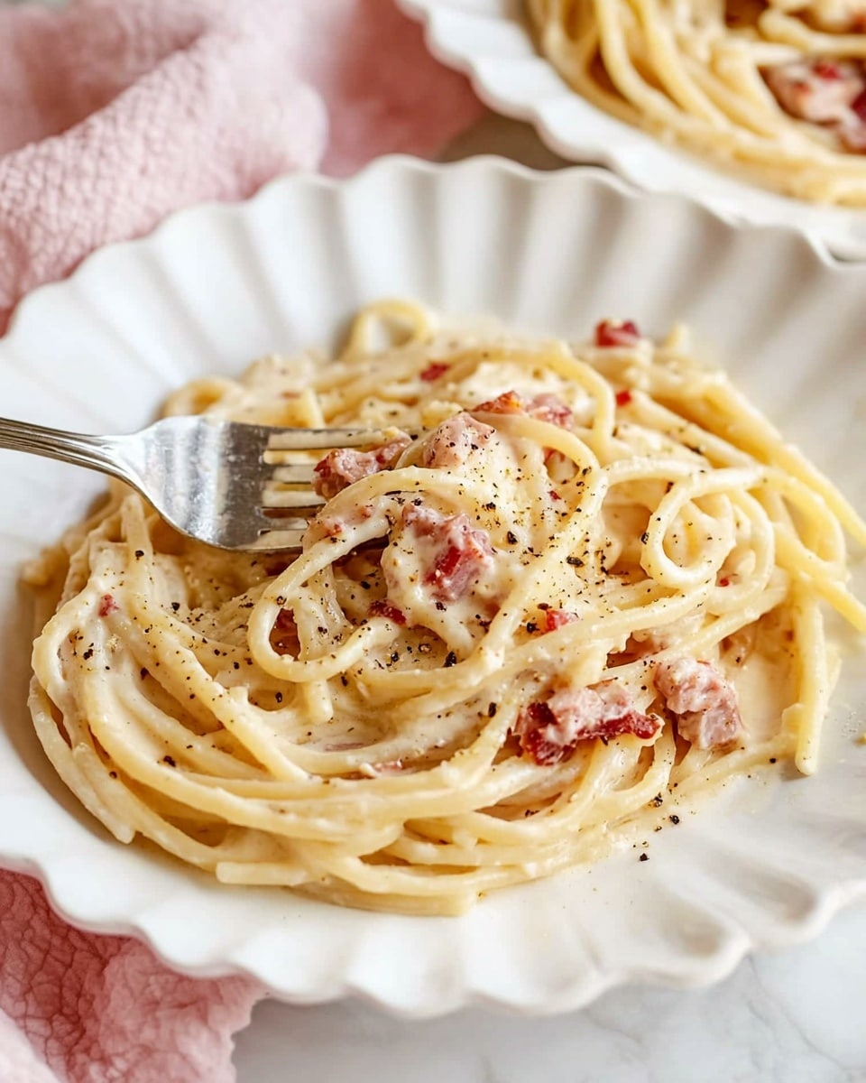 Creamy Lemon and Pancetta Linguine, lemon pasta with pancetta, easy lemon pasta recipe, Italian creamy pasta dishes, quick weeknight pasta The image shows a white scalloped plate filled with a creamy pasta dish. The pasta appears to be spaghetti, coated in a smooth, pale cream sauce, with visible small chunks of reddish-brown meat evenly mixed throughout. Flecks of black pepper and red pepper flakes are sprinkled on top. A silver fork is partially twirled with spaghetti and small meat pieces, resting near the edge of the plate. The plate sits on a soft pink textured cloth, placed on a white marbled surface. In the background, another similar plate with the same pasta is partly visible.