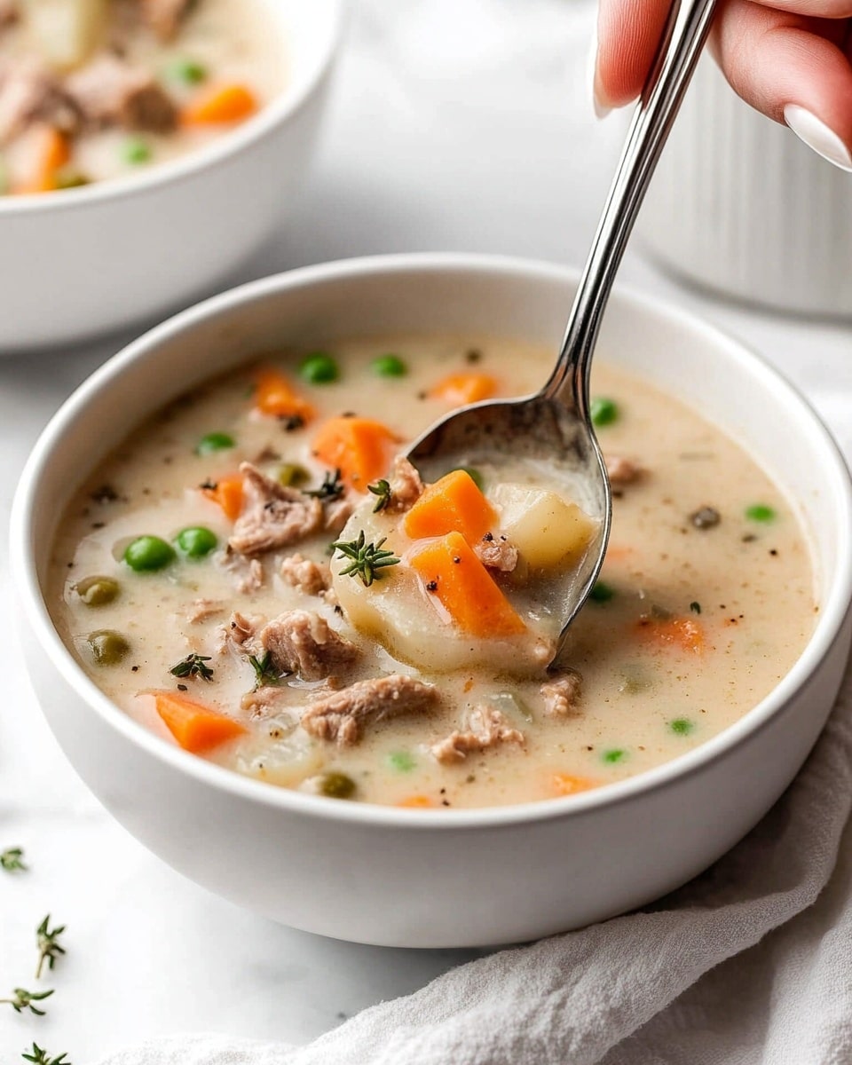 Shepherd's Pie Soup, hearty shepherd's pie soup, comforting shepherd's pie soup recipe, easy shepherd's pie soup, cozy shepherd's pie soup A white bowl filled with a thick creamy soup showing layers of chunky vegetables and meat. The top layer is a light beige creamy broth with visible soft orange carrot slices, light brown potato pieces with skin, green peas, and small bits of browned meat. A spoon is scooping the soup, held by a woman’s hand, showing the chunky mix clearly. The bowl sits on a white crumpled cloth on a white marbled surface with another similar bowl and a white container blurred in the soft background.