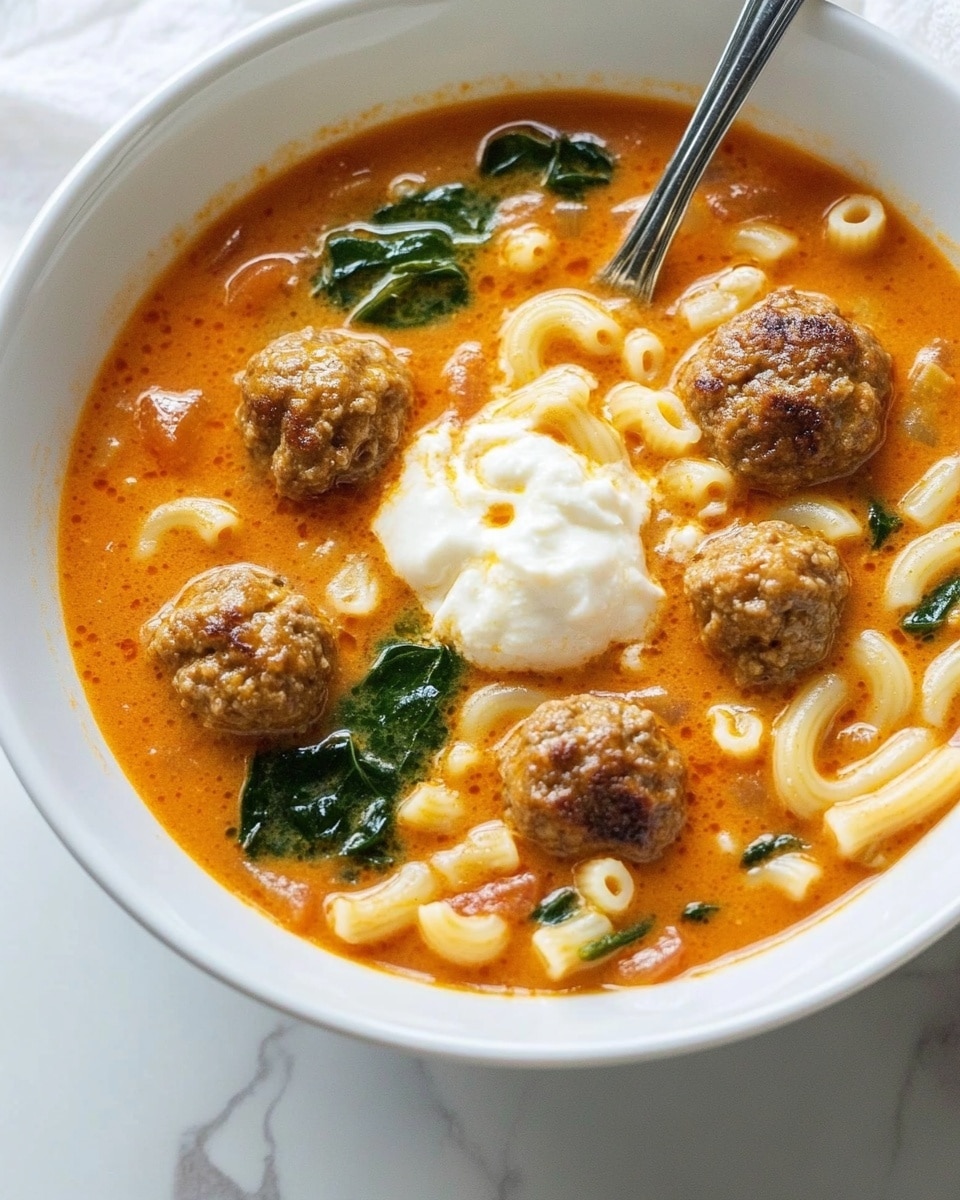 Meatball Soup, hearty soup recipes, easy dinner ideas, comforting chicken meatball soup, family-friendly soup recipes A white bowl is filled with a thick orange-red soup containing several browned meatballs that sit on top, slightly irregular in shape with a textured surface. The soup also has small curved pasta pieces in pale yellow, bright green leafy vegetables, and small chunks of red tomatoes scattered around. In the center, there is a dollop of smooth, white creamy cheese melting slightly into the soup. A shiny silver spoon rests inside the bowl, partially submerged in the soup. The bowl sits on a white marbled surface.