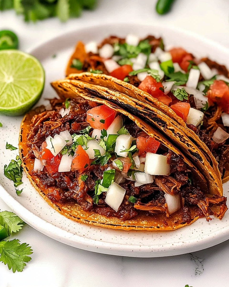 Chicken Birria Tacos, Birria Tacos with Chili Sauce, Easy Chicken Birria Recipe, Mexican Chicken Tacos, Homemade Birria Tacos The dish shows two folded tacos layered with dark brown shredded meat that looks juicy and soft, topped with diced red tomatoes and white onions mixed with green cilantro. The tacos have a warm, reddish-brown crispy outer shell that is slightly oily. The inside includes melted white cheese beneath the meat mixture. There are slices of green jalapeños and two half lime slices on the left side of the white plate. The plate is on a white marbled surface with some scattered green herbs around it.