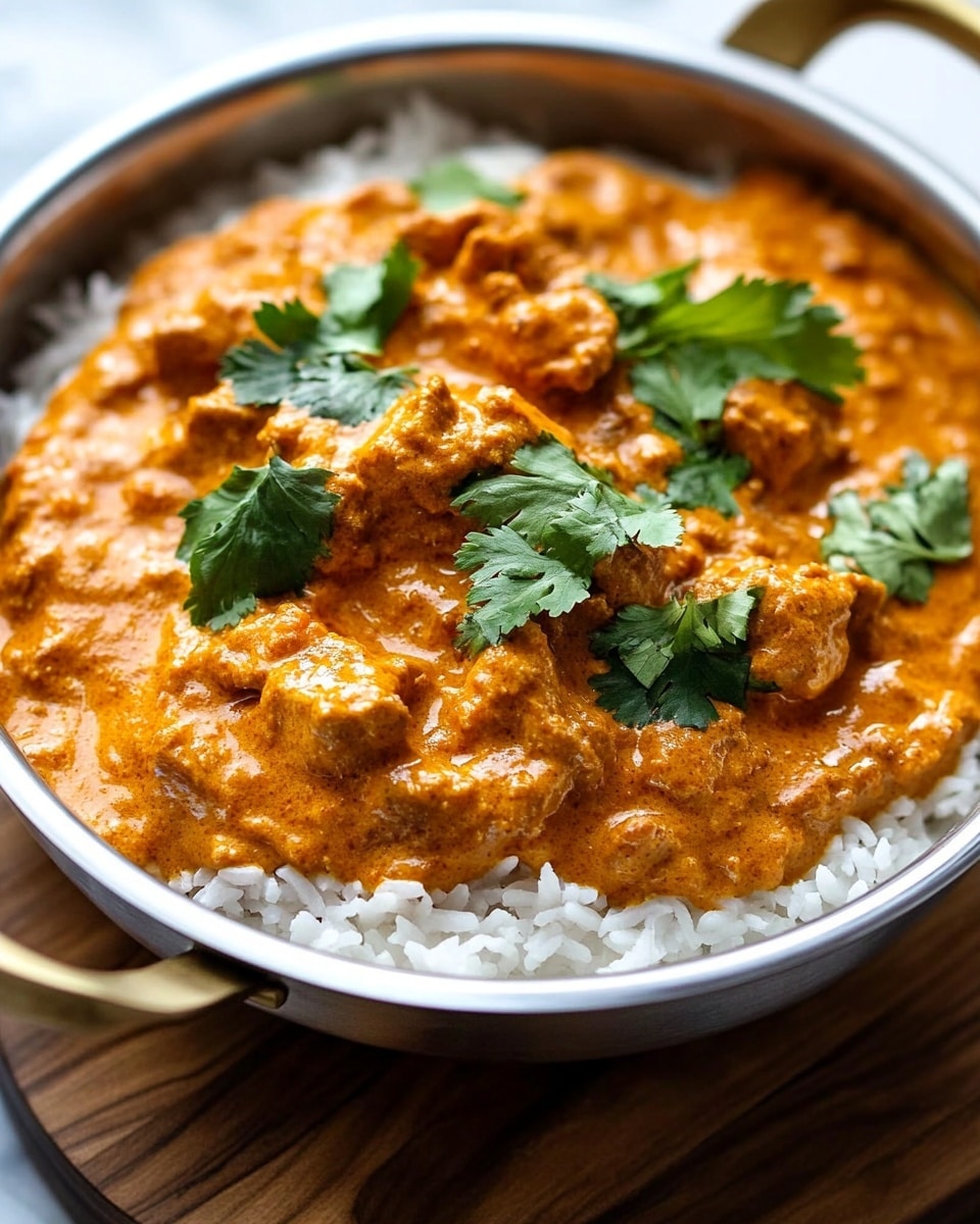 A close-up view of a bowl filled with two layers: a bottom layer of fluffy white rice and a top layer of thick orange curry with visible chunks of cooked meat. The curry sauce looks creamy and smooth, with a few small pieces of herbs sprinkled on top, adding green color contrasts. The bowl is metallic with two small handles on the sides, placed on a wooden surface. photo taken with an iphone --ar 4:5 --v 6.1