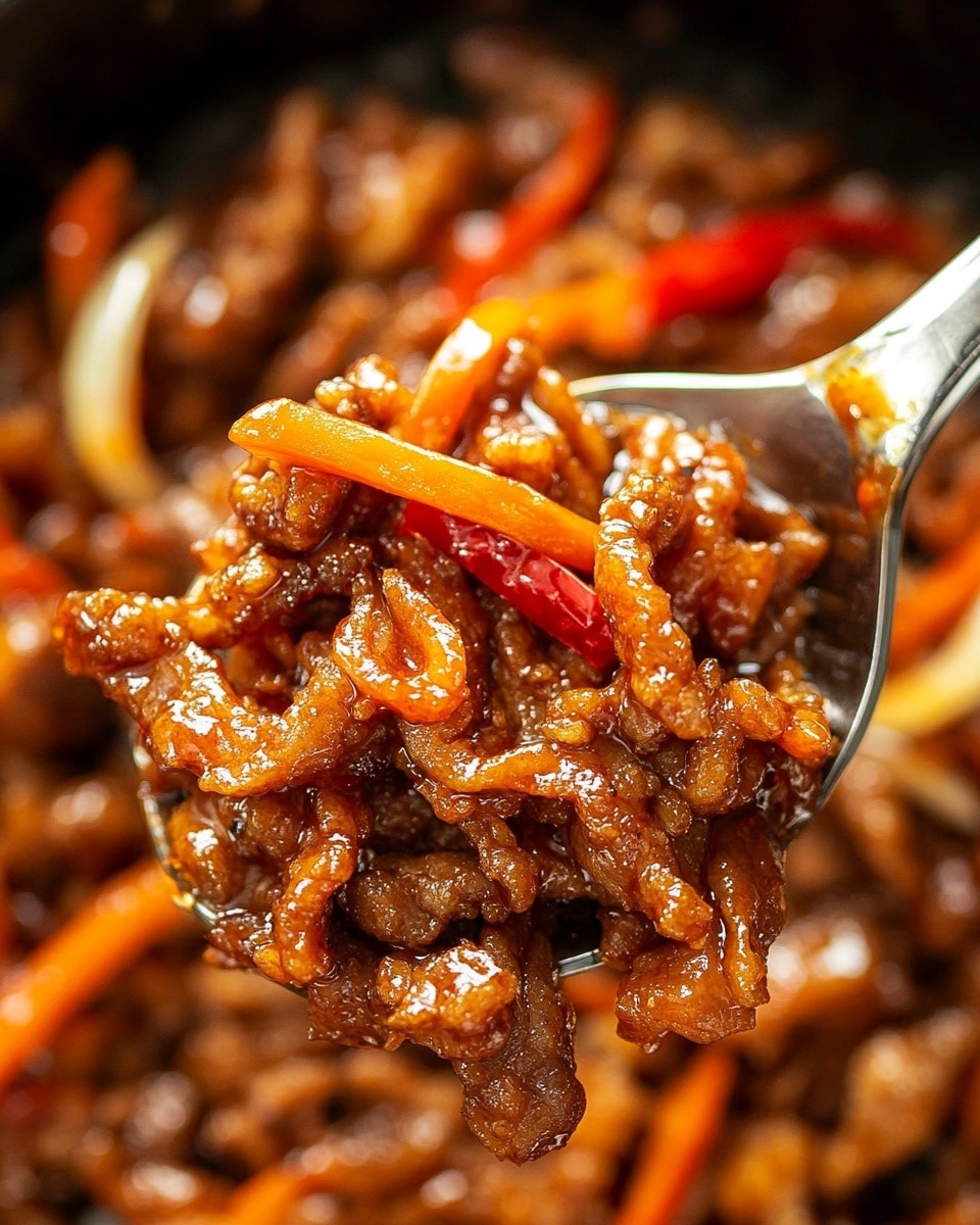 A close-up view of a metal slotted spoon holding a mix of crispy, golden-brown fried meat strips layered with thin, shiny orange carrot strips and translucent white onion slices, along with small red chili slices scattered throughout. The meat looks crunchy and coated in a glossy, sticky sauce that reflects the light. The background shows more of the same mixture, blurred but rich in colors of warm browns, oranges, and reds on a white marbled texture. photo taken with an iphone --ar 4:5 --v 6.1