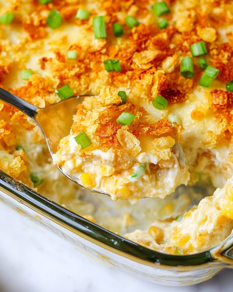 A clear glass baking dish filled with a creamy layered casserole. The top layer is golden yellow with crunchy bits and browned crispy pieces, sprinkled with small chopped green onions. The casserole beneath is white and smooth, contrasting with the crunchy golden topping. A spoon is scooping out a portion from the corner, showing thick, creamy textures inside. The dish sits on a white marbled surface with a woman's hand holding the spoon. photo taken with an iphone --ar 4:5 --v 6.1