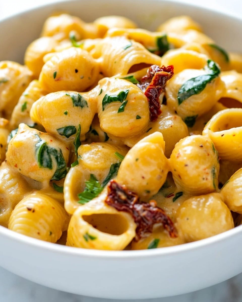 A close-up of a white bowl filled with around two layers of yellow shell pasta coated in a creamy light orange sauce. The pasta is mixed with green spinach leaves and small pieces of red sun-dried tomatoes, all sprinkled with fresh green herbs. The sauce looks smooth and thick, covering the pasta evenly. The background is a white marbled surface. Photo taken with an iphone --ar 4:5 --v 6.1