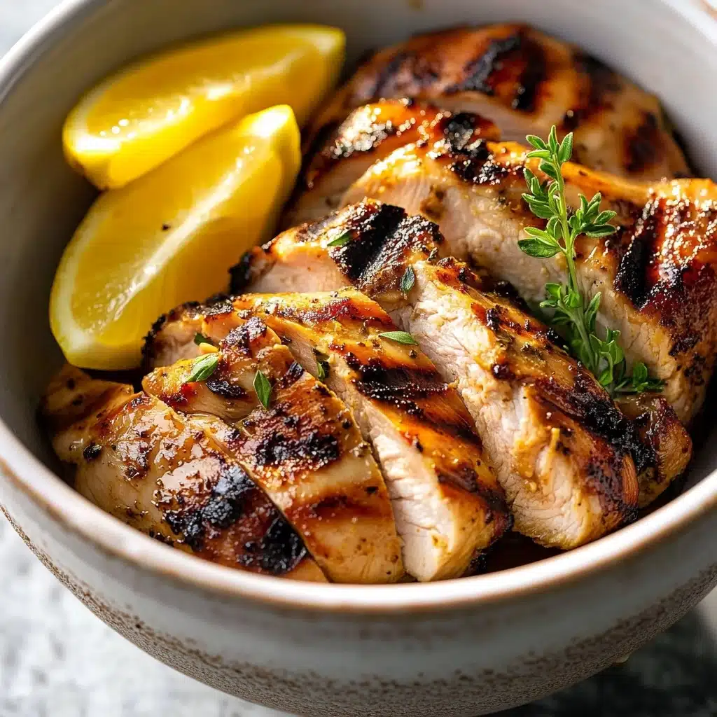 Lemon Herb Grilled Chicken, grilled chicken breasts, lemon herb chicken recipe, healthy grilled chicken, easy chicken marinade A bowl filled with grilled chicken pieces that are sliced and arranged neatly inside, showing a golden brown color with char marks and a crispy texture on the outside while the inside looks juicy and light. Two bright yellow lemon wedges rest on one side of the bowl, and a small sprig of green herbs, likely thyme, is placed on top of the chicken for garnish. The bowl is white with a slight rim detail, sitting on a white marbled surface. The lighting highlights the glossy and well-cooked texture of the chicken.