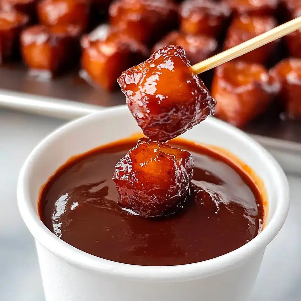 BBQ Sausage Bites, easy sausage appetizers, party finger foods, crowd-pleasing snack recipes, oven-baked sausage bites The image shows a white cup filled with smooth, dark brown sauce. On top of the sauce, there is a shiny, reddish-brown piece of food held by a toothpick. Around the cup, on a white plate with a white marbled texture background, there are more small shiny pieces of the same reddish-brown food, some with toothpicks stuck in them. In the background, there is a blurred silver tray containing more of the reddish-brown pieces. The lighting highlights the glossy texture of the sauce and the food.