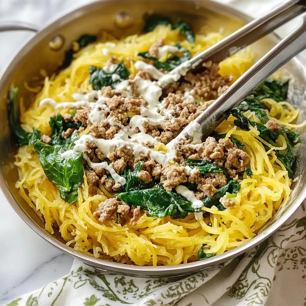 Spaghetti Squash Casserole with Turkey, Gruyère, and Crispy Onions, healthy turkey casserole, easy spaghetti squash recipes, cozy vegetable casseroles, hearty fall dinner ideas The image shows a baked dish in a white oval casserole dish filled with a creamy mixture topped with golden brown crispy bits scattered evenly and garnished with small sprigs of green herbs. The creamy layer beneath the topping looks smooth and slightly bubbly, with hints of melted cheese visible. The casserole dish sits on a white marbled surface with a light patterned beige and white cloth underneath. A silver spoon rests on the right side of the dish, adding a touch of shine to the scene.