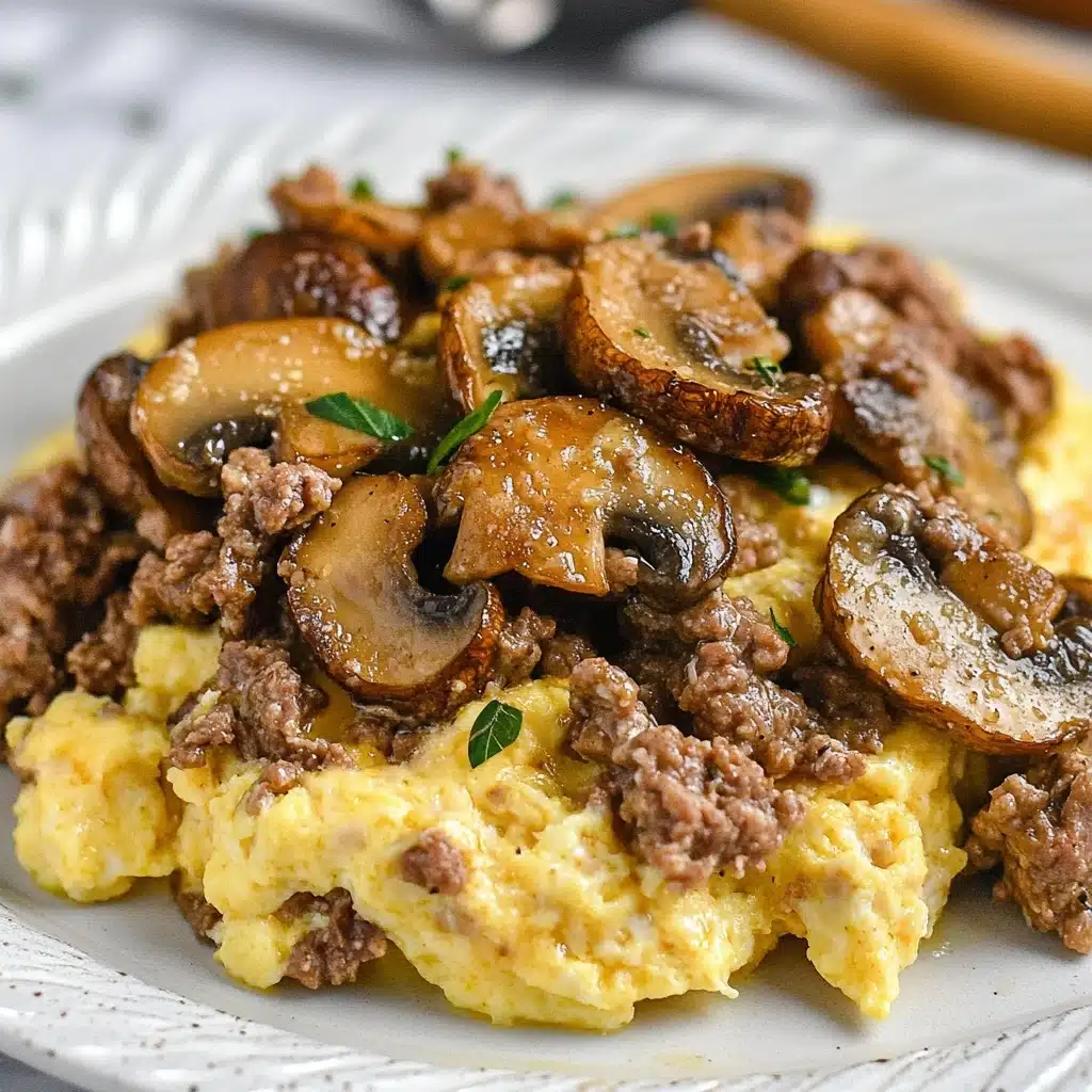 Hamburger Mushroom Bake, easy casserole with ground beef and mushrooms, comforting baked beef and mushroom dish, simple weeknight casserole, cheesy beef mushroom bake The dish shows a single white plate with a serving of scrambled eggs mixed with browned pieces of meat, topped with sautéed golden-brown mushroom slices that have bright green herbs scattered on them. The eggs are yellow and soft, mixed closely with the meat chunks that are darker brown and slightly crumbly. The mushrooms on top have a shiny texture with a light sprinkle of grated cheese or seasoning, adding a small white contrast. The plate sits on a wooden board over a white marbled surface, and a fork with a wooden handle is blurred in the background.