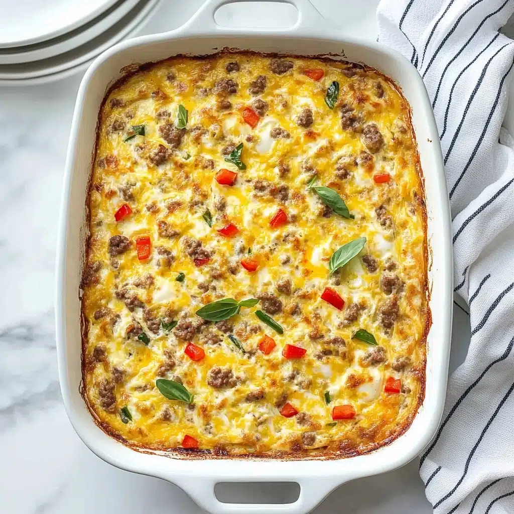 Sausage Hashbrown Breakfast Casserole, breakfast casserole with sausage and hashbrowns, easy breakfast recipes for busy mornings, savory breakfast casserole, make-ahead breakfast dish A white baking dish with two handles holds a baked egg casserole that looks soft and thick. The top layer is a mix of yellow melted cheese, light yellow cooked eggs, small bits of brown ground meat, bright red small pieces of bell pepper, and thin green leaves scattered evenly. The edges have a slight brown crisp showing it was baked well. The dish rests on a white marbled surface with a folded striped cloth partially visible on the right side and some stacked white plates blurred on the left.
