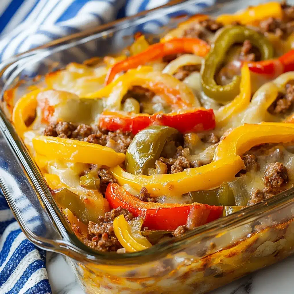 Southern Five Layer Beef Casserole, Ultimate Southern Beef Casserole, Hearty Beef and Potato Casserole, Comfort Food Beef Bake, Easy Southern Casserole Recipe A glass rectangular baking dish holds a layered casserole placed on a white marbled surface. On the bottom is a soft, light orange cheese or sauce layer. Above that are cooked ground meat pieces scattered unevenly with chunks of cooked onions. The top layer features colorful rings of red and yellow bell peppers along with slices of green peppers, all looking tender and slightly shiny from cooking. The edges of the casserole show a golden crust forming from melted cheese or sauce. A blue and white striped cloth is partially visible in the background.
