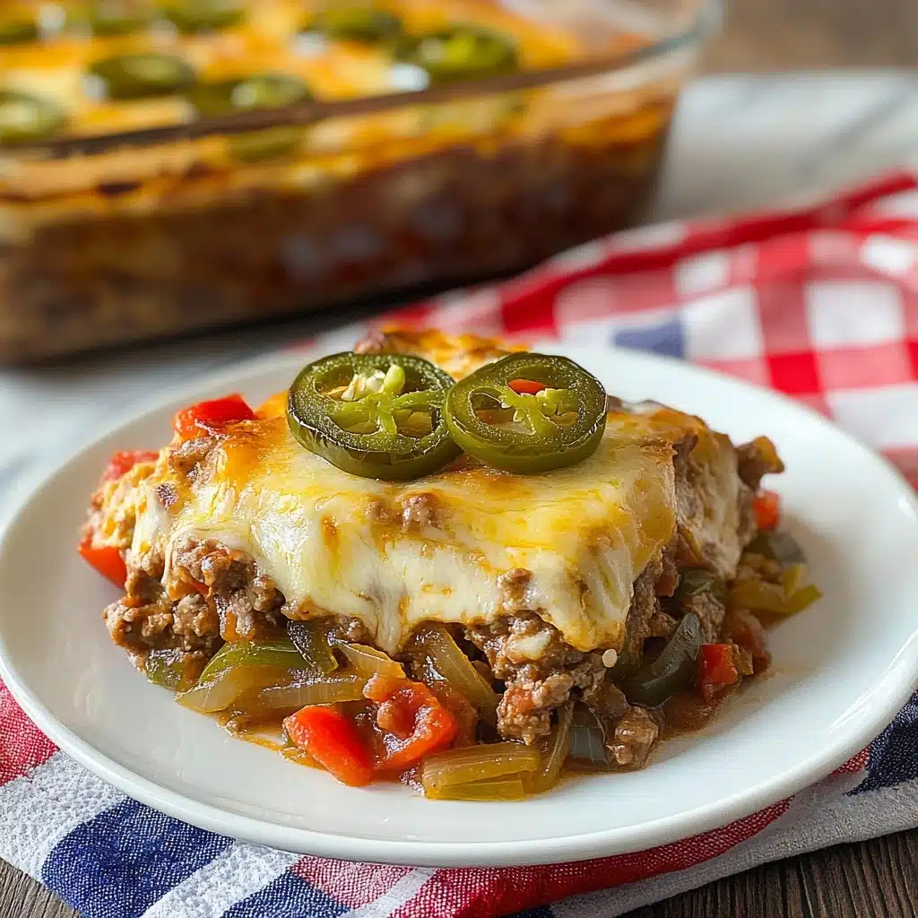 Southern Five Layer Beef Casserole, Ultimate Southern Beef Casserole, Hearty Beef and Potato Casserole, Comfort Food Beef Bake, Easy Southern Casserole Recipe A white plate holds a layered dish that starts with a base of cooked ground meat mixed with small pieces of red bell pepper and translucent sautéed onions, forming the first layer. On top, there is a melted light brown cheese layer that covers the meat and vegetables. The final top layer consists of several green jalapeño slices spread evenly, with some melted cheese over them. The plate sits on a folded cloth with red, blue, and white checkered patterns against a white marbled surface. Behind the plate, a clear glass baking dish shows the same layered dish inside, slightly out of focus.