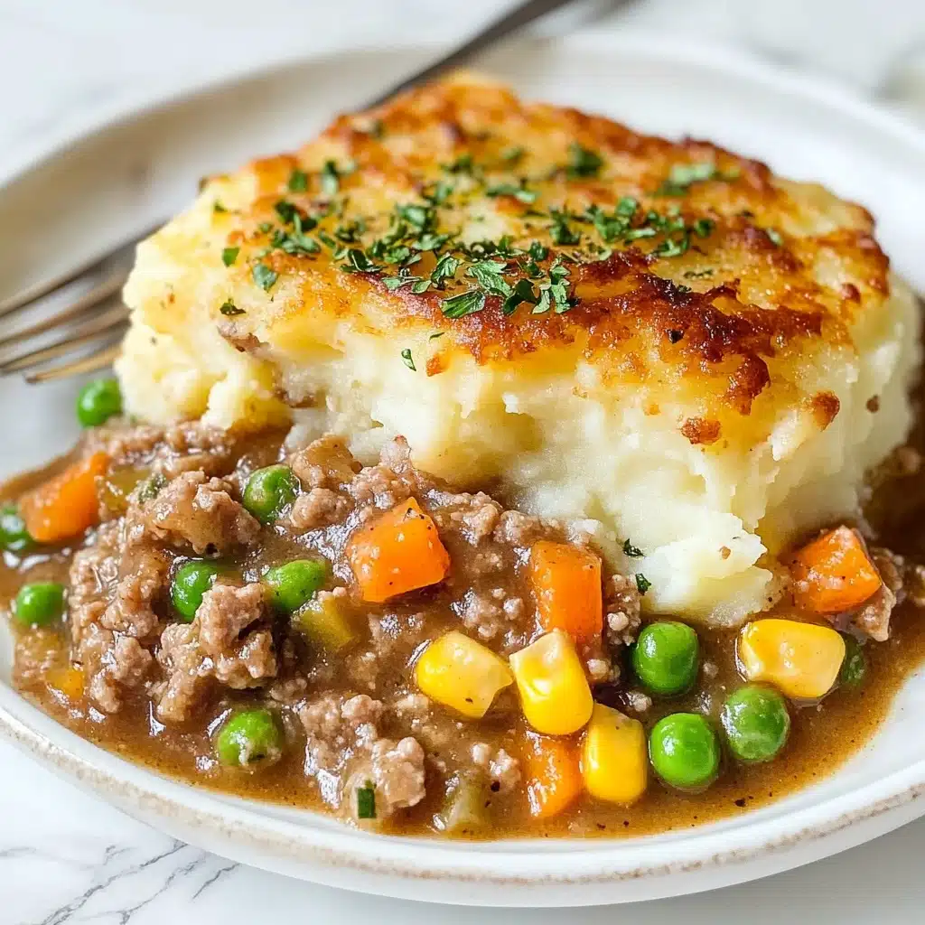 Easy Shepherd's Pie, Classic Shepherd's Pie, Hearty beef dinner, Comforting weeknight meal, Simple homemade shepherd's pie The dish shows a thick layer of golden-brown mashed potatoes on top, with a slightly crispy texture and a few green herb sprinkles. Below this, there is a moist layer of cooked ground meat mixed with bright green peas, orange carrot cubes, and yellow corn kernels, all coated in a rich brown gravy. The food is served on a white plate with a fork resting on the upper edge, placed on a white marbled surface.