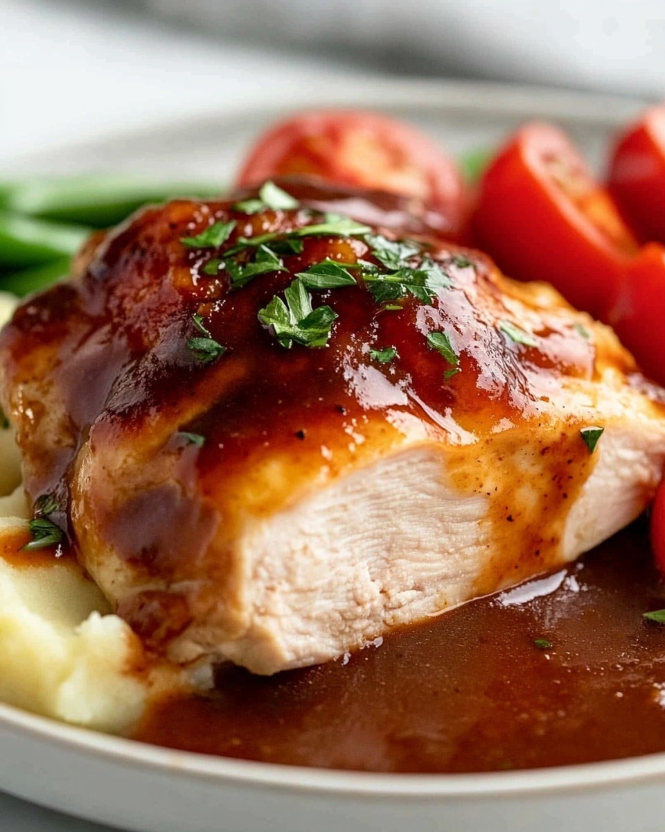 Oven Baked BBQ Chicken, homemade barbecue sauce, easy BBQ chicken dinner, quick oven baked chicken, flavorful baked barbecue chicken A close-up view of a thick piece of cooked meat with a dark reddish-brown sauce on top and small green herb pieces sprinkled over it. The meat is cut to show a tender, light pink inside and is placed on a creamy, pale yellow layer that looks like mashed potatoes. On the side, there are sliced red cherry tomatoes and green beans, all arranged on a white plate sitting on a white marbled surface. The right side of the meat is being held by a fork.