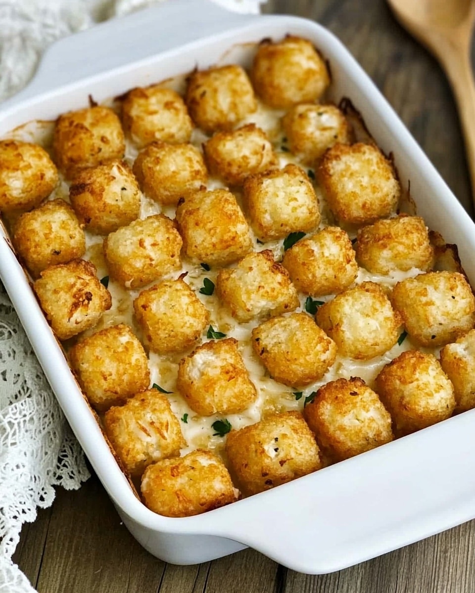 Chicken Tater Tot Casserole, cheesy chicken casserole with tater tots, easy chicken casserole dinner, comforting tater tot casserole recipe, quick chicken and potato bake A white rectangular dish filled with a layer of golden and light brown tater tots arranged closely in a neat grid pattern, covering a creamy textured layer below that is slightly visible between the gaps of the tots. The dish sits on a wooden surface with a white lace cloth and a wooden spoon placed beside it. The tater tots have a crunchy texture with bits of green herbs sprinkled within.