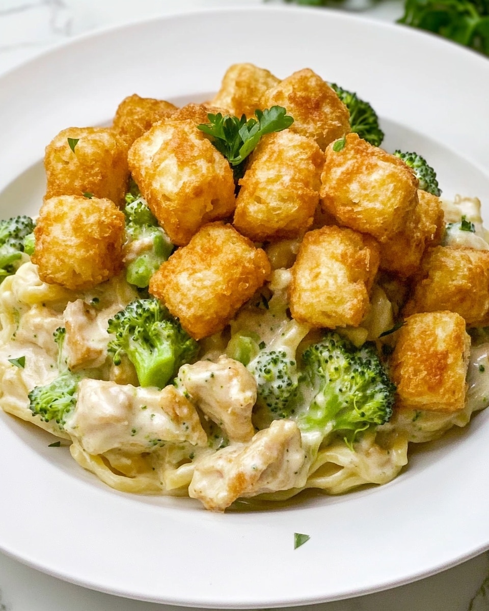 Chicken Tater Tot Casserole, cheesy chicken casserole with tater tots, easy chicken casserole dinner, comforting tater tot casserole recipe, quick chicken and potato bake The dish is served in a white plate placed on a white marbled surface. It has two main layers; the bottom layer is creamy pasta mixed with green broccoli florets and tender light beige shredded chicken, creating a smooth and chunky texture. On top, golden brown tater tots are scattered evenly, adding a crispy and crunchy contrast. Small green parsley leaves are sprinkled over the dish, adding a fresh touch of color. The overall look is warm and inviting with a mix of creamy, green, and golden tones.