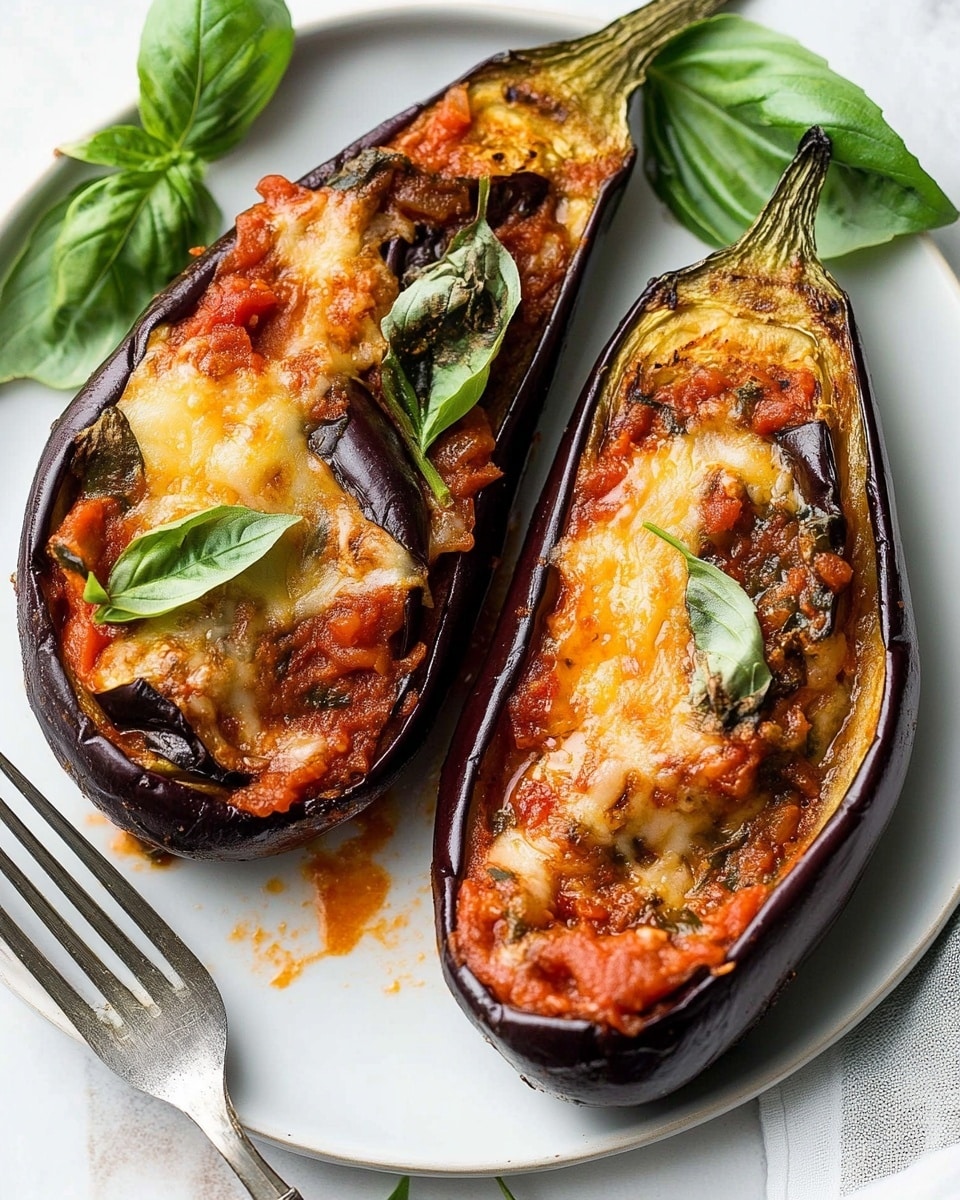 Italian Stuffed Eggplant, stuffed eggplant recipe, vegetarian Italian eggplant, baked eggplant with mozzarella, easy Italian eggplant dinner The image shows a white plate with two halves of roasted eggplant. Each eggplant half is filled with a thick, chunky red tomato sauce mixed with melted cheese and wilted green basil leaves, creating layers of dark purple skin, soft golden inside flesh, bright red sauce, and light brown melted cheese with some charred spots. A silver fork rests on the plate near one eggplant half, with a few fresh basil leaves placed artistically beside it. The background surface is a white marbled texture.