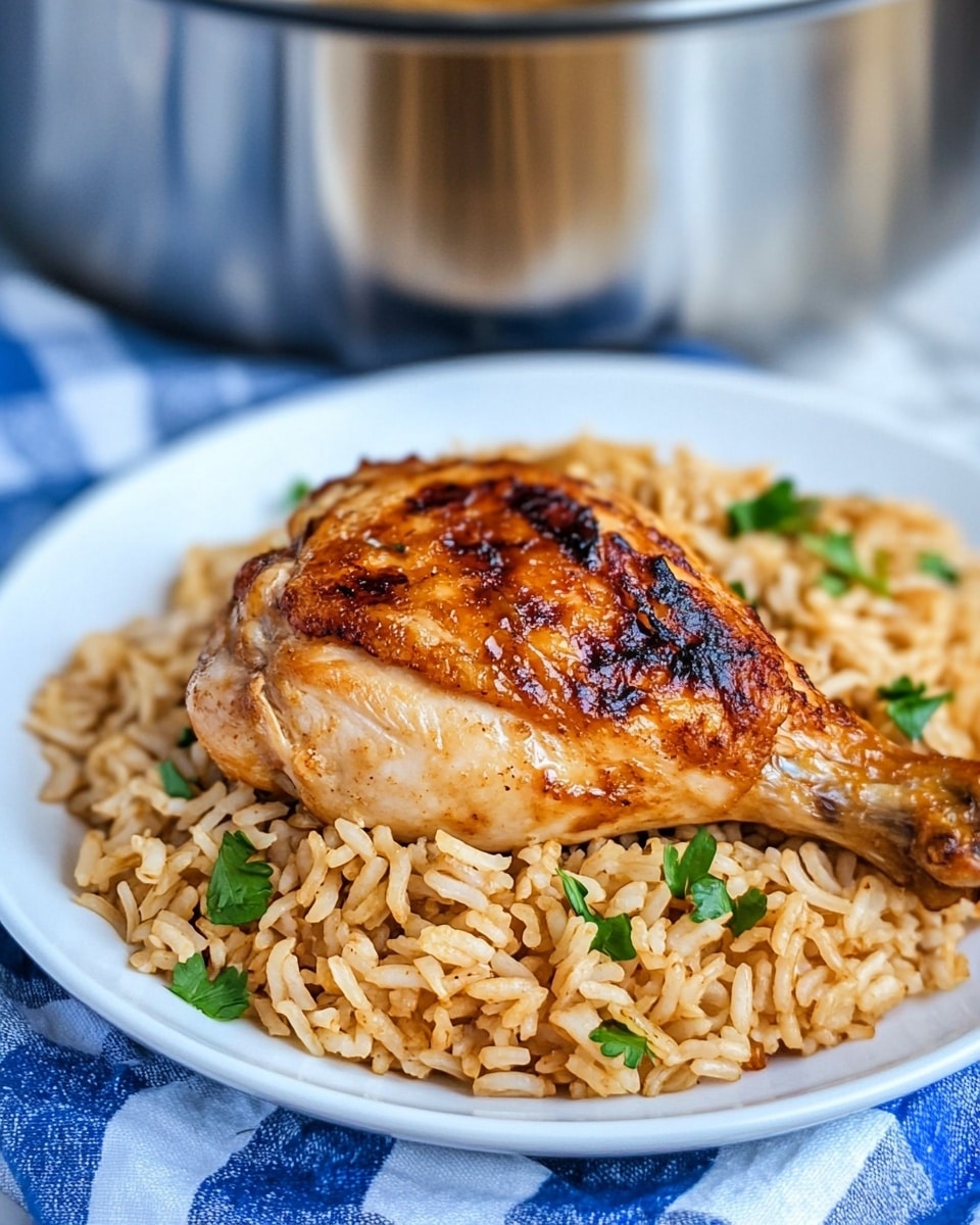 French Onion Chicken and Rice Skillet, easy one-pot chicken and rice, flavorful skillet dinner, weeknight chicken recipes, comforting chicken and rice dish A white plate holds a bed of light brown rice mixed with small green herb pieces, topped with a single piece of golden-brown cooked chicken that has darker charred spots and a slightly shiny surface, showing a tender texture. The background features a reflective stainless steel pot with more rice and chicken inside, placed on a blue checkered cloth with a white marbled surface beneath.