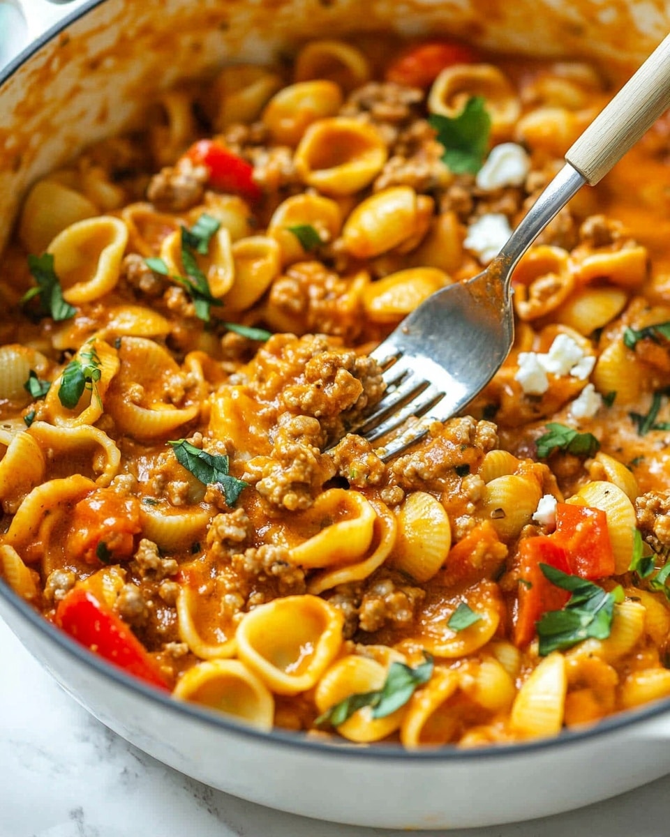 One Pot Ground Chicken Fajita Pasta, Easy Fajita Pasta, Quick Ground Chicken Pasta, One Pot Dinner, Fajita Pasta Recipe A close-up view of a large white pot filled with orecchiette pasta mixed with a rich, creamy orange sauce, ground meat, and red bell pepper slices. The dish is topped with fresh green herbs and white cheese crumbles, showing a thick, hearty texture. A fork with a wooden handle stirs through the pasta, scooping up a mix of noodles, sauce, and meat, with sauce smeared lightly on the pot edges. The pot is placed on a white marbled surface, adding brightness to the scene.