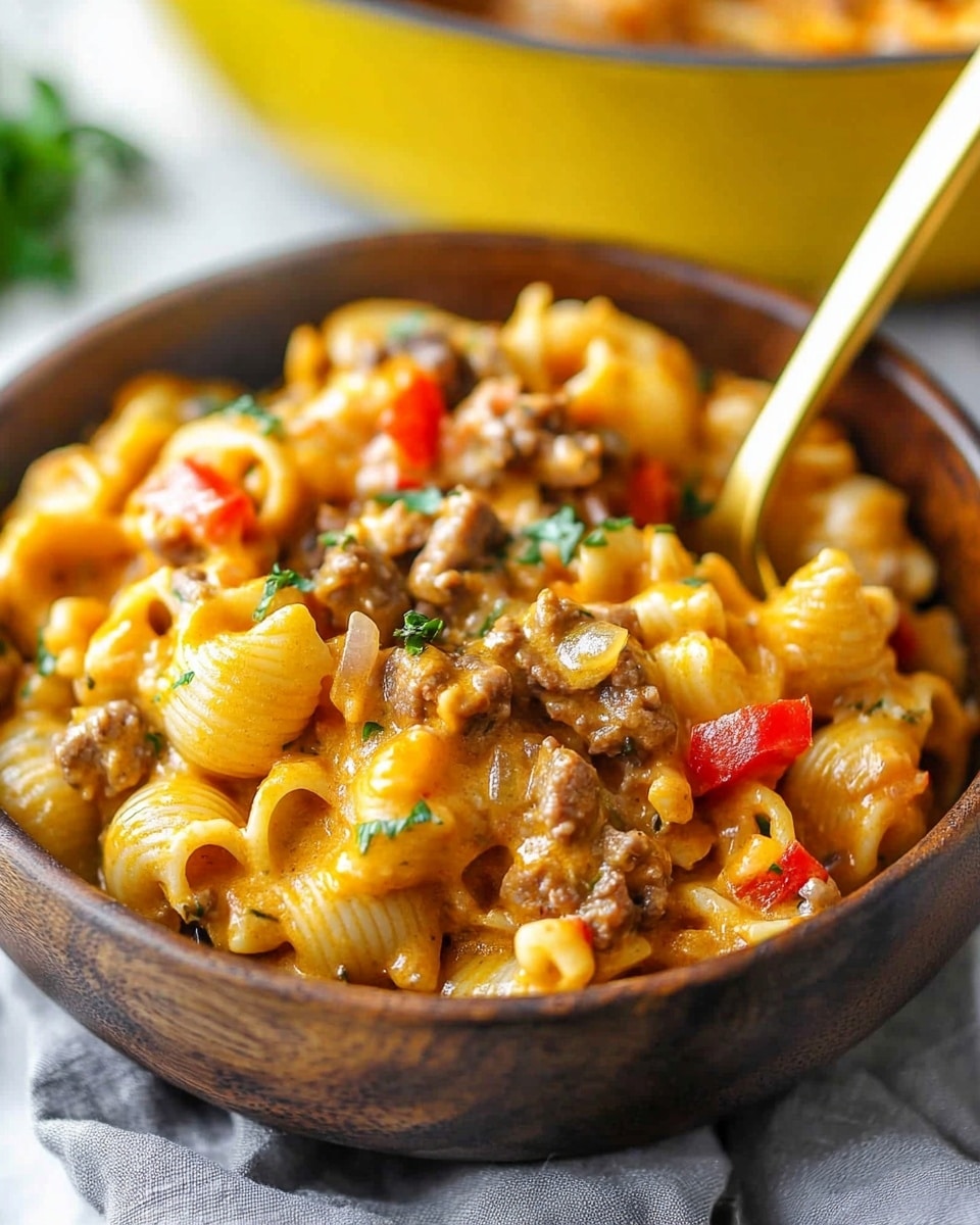 One Pot Ground Chicken Fajita Pasta, Easy Fajita Pasta, Quick Ground Chicken Pasta, One Pot Dinner, Fajita Pasta Recipe A close-up view of a wooden bowl filled with rich, creamy pasta with three main layers: the bottom layer is shell-shaped pasta with a smooth, yellow-orange cheese sauce, the middle layer has small browned meat pieces mixed with chopped fresh herbs showing green specks, and scattered throughout are bright red strips of bell pepper adding color contrast. A golden spoon rests inside the bowl. The bowl sits on a gray cloth on a white marbled surface. In the blurred background, a yellow pan filled with more pasta is visible.