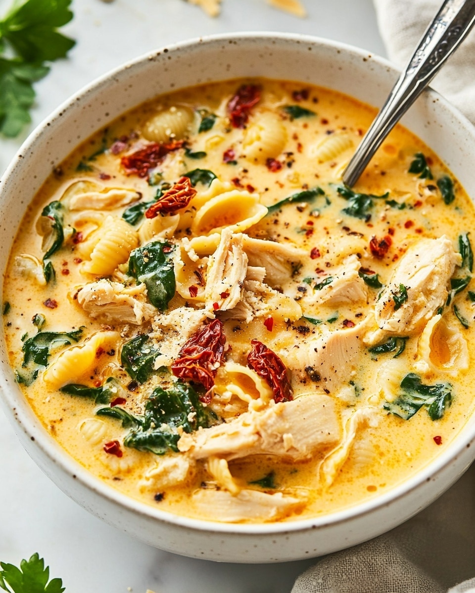 Creamy Marry Me Chicken Soup, quick chicken soup recipes, comforting chicken soup, 30-minute chicken soup, easy creamy chicken soup A white bowl filled with a creamy soup that has about five layers of ingredients visible: the bottom layer is a pale yellow creamy broth with slight orange tint, above it there are small shell pasta pieces in light yellow, scattered torn green spinach leaves, shredded light beige chicken pieces, and bits of sun-dried tomatoes adding red patches throughout. The soup is topped with a sprinkle of grated cheese and red chili flakes. A silver spoon rests inside the bowl, and the bowl sits on a white marbled surface with some green parsley leaves nearby.