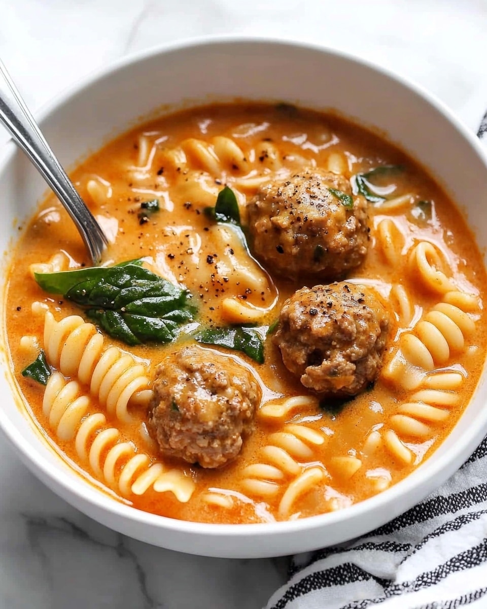 Creamy Meatball Soup with Pasta, Spinach, and Parmesan, hearty meatball soup with creamy sauce, comforting pasta soup recipes, easy weeknight meatball soup, homemade meatball soup with spinach A white bowl filled with a creamy orange soup that has rotini pasta spirals and three brown meatballs spread evenly on top. Small green spinach leaves and tiny black pepper specks float in the thick soup. A silver spoon rests on the edge of the bowl, partially dipped in the soup. The bowl sits on a white marbled surface with a white and black striped cloth beneath it.