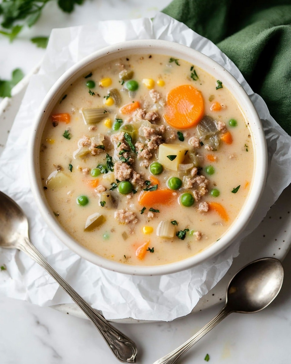 Shepherd's Pie Soup, hearty shepherd's pie soup, comforting shepherd's pie soup recipe, easy shepherd's pie soup, cozy shepherd's pie soup A white bowl filled with creamy soup showing chunks of orange carrots, light brown potato pieces with skin, green peas, and bits of light brown meat mixed in a pale, thick broth, garnished with small green herbs. A woman's hand holds a silver spoon lifting some of the soup above the bowl, with the background of a second white bowl, a white marbled surface, and some blurred green plants.
