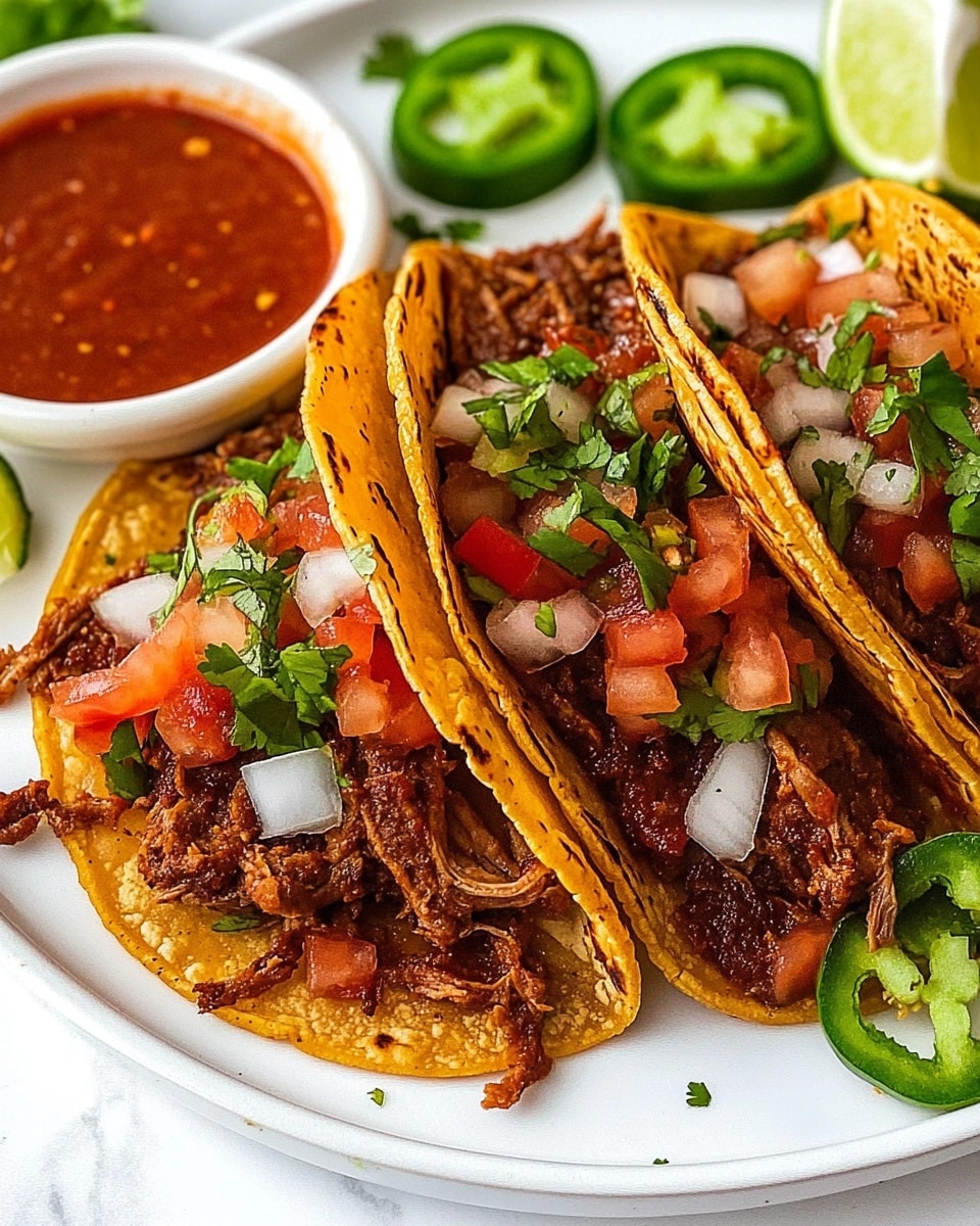 Chicken Birria Tacos, Birria Tacos with Chili Sauce, Easy Chicken Birria Recipe, Mexican Chicken Tacos, Homemade Birria Tacos A close-up view of a hand holding a reddish-brown crispy taco shell filled with shredded meat, topped with diced tomatoes, white onions, and chopped green herbs. The taco shell is being dipped into a small white bowl filled with thick, dark red sauce. Behind it, there are more tacos filled with similar ingredients on a white marbled surface. Kiwi and slices of green jalapeño peppers are scattered nearby, adding color contrast. The light highlights the textures of the taco shell and the moist filling, creating a warm, inviting scene.