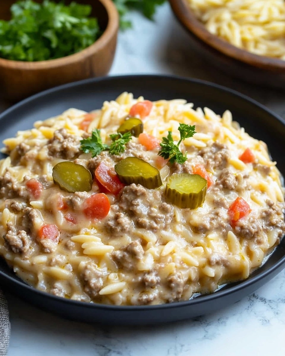 The image shows a close-up view of creamy pasta on a white plate, with one thick layer of pale yellow pasta mixed with small pieces of brown ground meat and some light cream sauce. On top, there is a small garnish layer of chopped bright green and red pickles placed in the center. The plate is placed on a white marbled surface with some green herbs scattered around, and a wooden bowl with extra chopped green pickles is partly visible nearby. Photo taken with an iphone --ar 4:5 --v 6.1