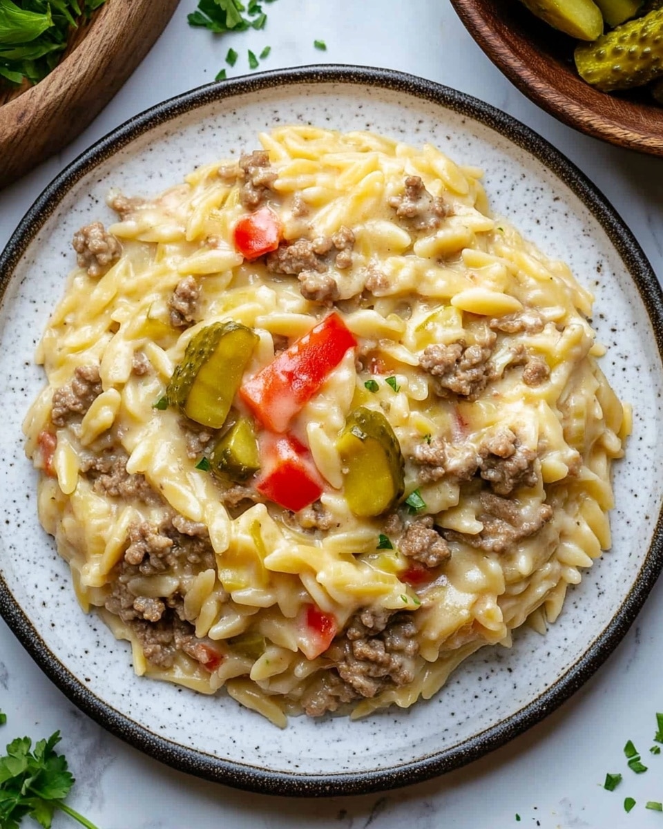 The image shows a black plate filled with a creamy pasta dish that has three main layers visible: the bottom layer is made of soft orzo pasta with a smooth light beige sauce, the middle layer has cooked ground meat mixed well into the sauce, and the top layer is garnished with small pieces of bright green pickles and red tomatoes scattered on top. The plate is placed on a white marbled surface, with two wooden bowls in the background holding similar chopped green pickles, and some fresh green parsley to the left side. The lighting highlights the creamy texture and the colors of the ingredients, creating a warm and appetizing look. photo taken with an iphone --ar 4:5 --v 6.1