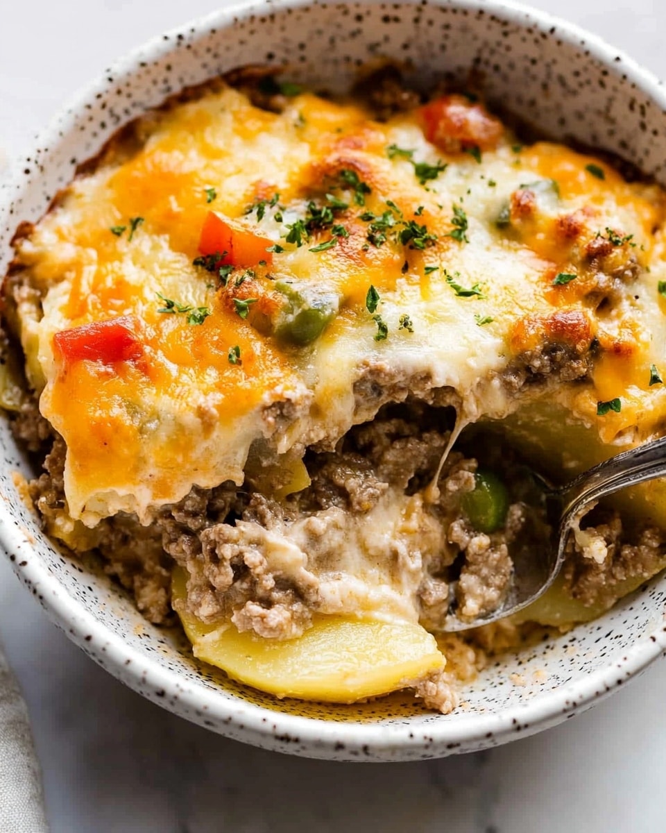 A close-up view of a bowl showing a layered casserole dish with about four visible layers. The bottom layer consists of smooth, pale yellow potato slices. Above this, there is a layer of light brown cooked ground meat mixed with small pieces of green and red bell peppers. The next layer is a melted creamy white cheese sauce that blends with the meat. The top layer is a golden brown melted cheddar cheese crust with some browned spots, mixed with bits of green herbs sprinkled on top. The bowl is white with a speckled design, set on a white marbled surface, and a silver spoon scoops some of the casserole. Photo taken with an iphone --ar 4:5 --v 6.1