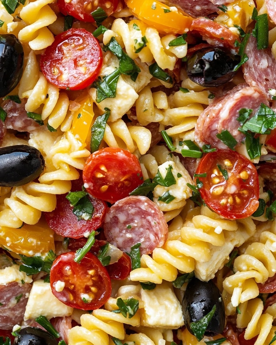 The image shows a close-up of a colorful pasta salad with spiral pasta in a pale yellow color as the base layer, mixed with slices of red cherry tomatoes and black olive rings scattered throughout. Mixed in are small chunks of white cheese and pieces of reddish-brown cured meats like salami and pepperoni, giving a varied texture. Fresh green herbs are sprinkled on top, adding bright green color spots. The whole dish is presented against a white marbled background, capturing the fresh and vibrant mix of ingredients. Photo taken with an iphone --ar 4:5 --v 6.1