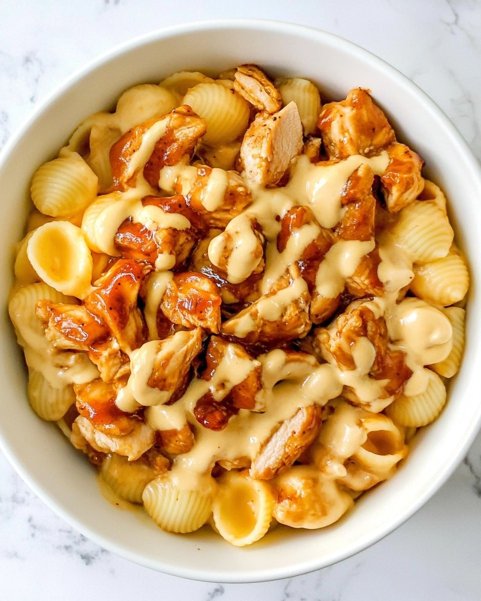This image shows a white bowl filled with three main layers. The bottom layer is made of small shell pasta, which is pale yellow and smooth in texture. On top of the pasta is a creamy, thick cheese sauce that covers most of the pasta shells, giving a shiny and rich look. The top layer consists of small pieces of cooked chicken that are light brown with a slightly crispy and uneven texture. This is finished with a drizzle of dark brown barbecue sauce scattered unevenly over the chicken and cheese sauce. The bowl is placed on a white marbled surface. Photo taken with an iphone --ar 4:5 --v 6.1