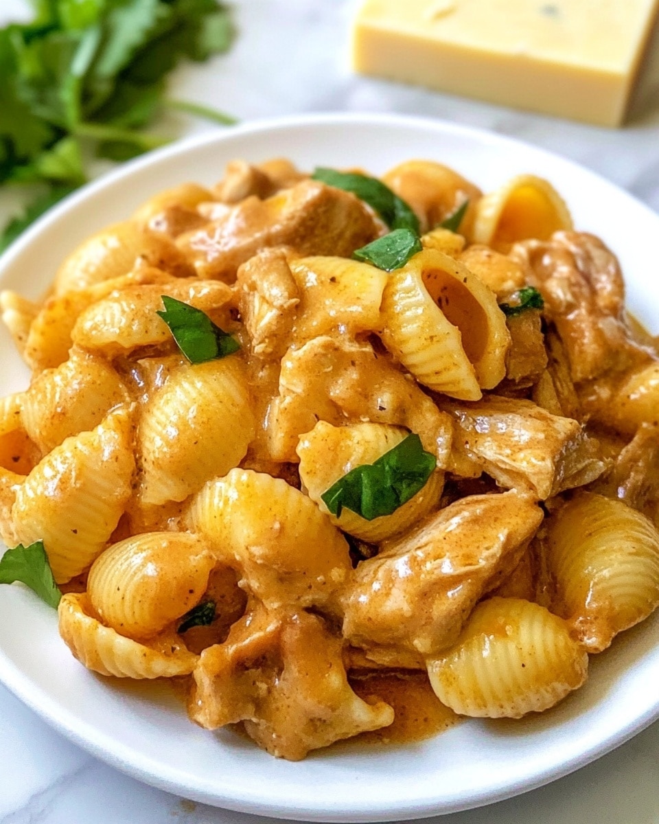 The image shows a white plate filled with a creamy pasta dish made with shell-shaped pasta. The pasta is covered in a light golden sauce that gives it a moist and smooth texture. Mixed in are pieces of browned chicken, which add a slightly rough and chunky texture. There are also fresh green herbs scattered on top, adding contrast in color with their bright green leaves. In the background, there is a block of pale yellow cheese partly visible, resting on a white marbled surface. The overall look is rich and appetizing, with warm colors dominating the scene. photo taken with an iphone --ar 4:5 --v 6.1