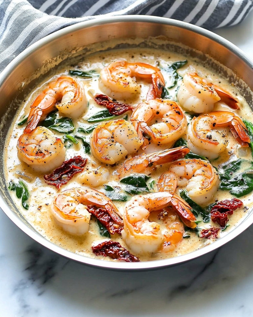 A metal pan on a white marbled surface holds a creamy mixture with several layers: large pink-orange shrimp with tails, round golden-brown scallops, dark green spinach leaves, and pieces of red sun-dried tomatoes, all in a light cream sauce speckled with black pepper. A grey and white striped cloth is placed beside the pan. Photo taken with an iphone --ar 4:5 --v 6.1