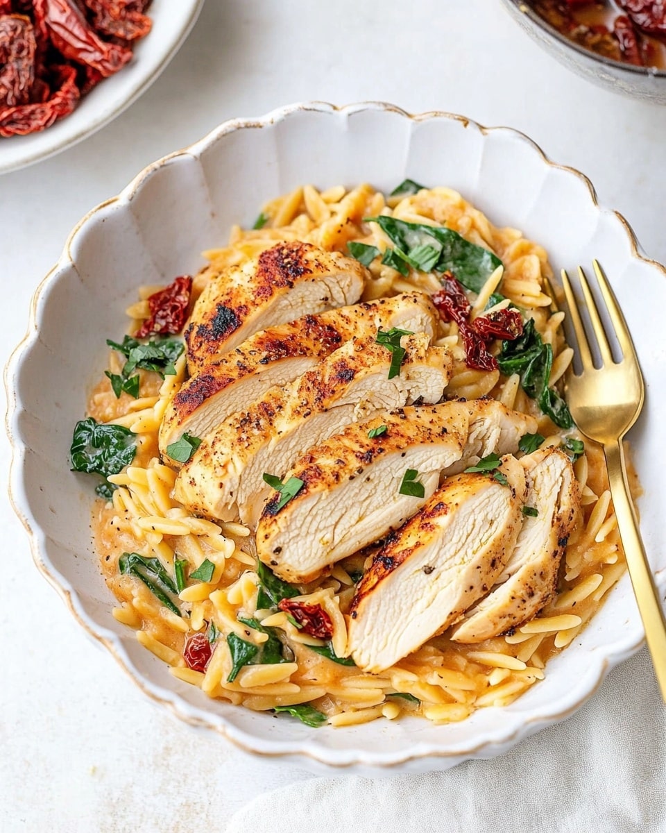 A white scalloped bowl is filled with a creamy pasta base that has a pale orange color mixed with green spinach leaves and red sun-dried tomato pieces throughout. On top, there are five slices of light golden-brown cooked chicken arranged in a fan shape, seasoned with black pepper and garnished with small green herb pieces. A gold fork is placed inside the bowl on the right side. In the background, a smaller white bowl contains dark red sun-dried tomatoes in oil, and the surface is a white marbled texture. photo taken with an iphone --ar 4:5 --v 6.1
