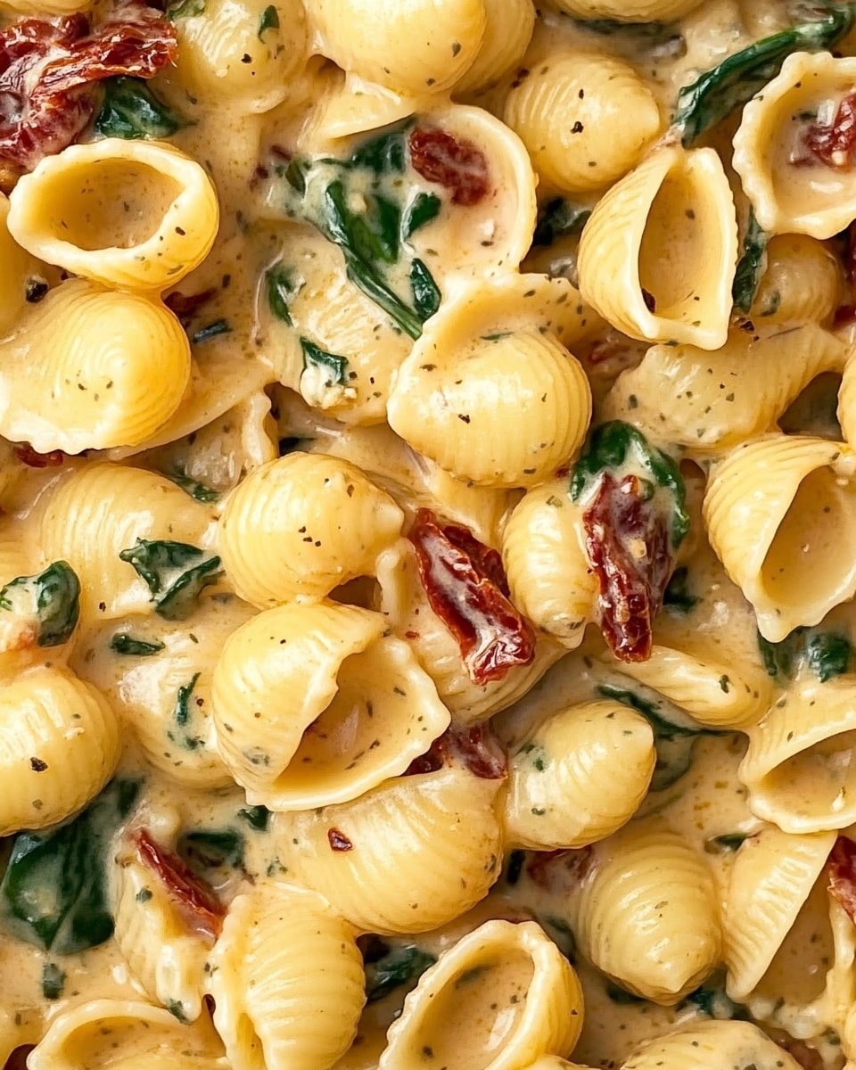 This close-up image shows many tender, small shell-shaped pasta pieces covered in a creamy beige sauce. Mixed through the pasta are wilted dark green spinach leaves and small pieces of reddish-brown sun-dried tomatoes, adding texture and color contrast. The sauce is smooth and thick, clinging to the pasta and vegetables. Small green flecks of chopped herbs are sprinkled over the entire dish, giving a fresh touch. The whole scene rests on a white marbled texture, highlighting the warm colors of the pasta and sauce. Photo taken with an iphone --ar 4:5 --v 6.1