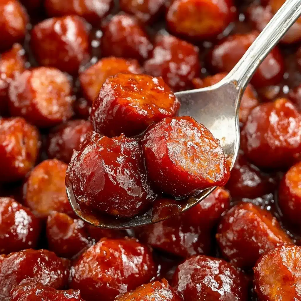 BBQ Sausage Bites, easy sausage appetizers, party finger foods, crowd-pleasing snack recipes, oven-baked sausage bites The image shows many small, round pieces of food covered in a thick, shiny red sauce. Each piece is a deep reddish-brown color with a smooth, glossy texture. A silver spoon holds a few pieces up in the middle of the image, showing the sauce glistening on their surfaces. The pieces are closely packed together, filling the frame with a rich, warm color. The background is a white marbled texture.