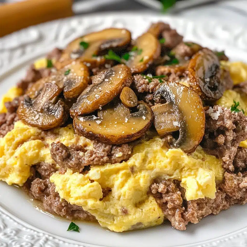 Hamburger Mushroom Bake, easy casserole with ground beef and mushrooms, comforting baked beef and mushroom dish, simple weeknight casserole, cheesy beef mushroom bake The dish shows a close-up of a mix of scrambled eggs with ground meat and sautéed mushrooms on top, all placed on a white plate with a decorative edge. The bottom layer is the scrambled eggs, soft and light yellow, mixed thickly with chunks of brown ground meat, giving a rough texture. On top, there are several pieces of cooked mushrooms, golden brown with a shiny surface and bits of green herbs scattered over them. The mushrooms have a slightly crispy look with some light specks of grated cheese on their surface. The plate sits on a white marbled texture surface, and in the background, there is a wooden-handled kitchen tool slightly out of focus.